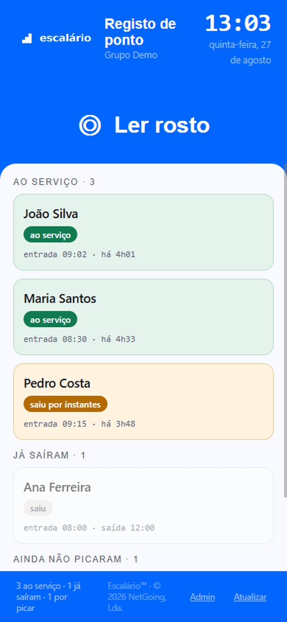Aplicação móvel do Escalário com registo de ponto por reconhecimento facial e tempo decorrido de cada colaborador ao serviço